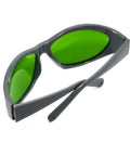 Heavy Duty Infrared Laser Safety Eyewear Providing Sweet Optical Density Ratings And Broad Waveband Coverage From Seven Forty To Eleven Hundred Nanometers with green lenses and gray frame.
