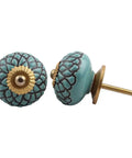 Level Up Your Digs With This Solid Green Ceramic Knob Set Featuring Smooth Rounded Corners, two turquoise knobs with brass fasteners.