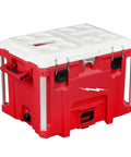 Red and white PACKOUT 40QT XL Cooler Box with impact resistant polymer body, visible drain plug, modular connectivity features.