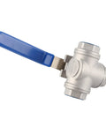 Rock Solid 304 Stainless Steel Three Way T Port Ball Valve 3/4 Inch DN20 with blue handle for controlling water and steam flow.