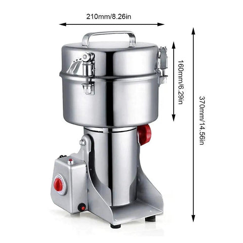 Electric Grain Mill Grinder In Stainless Steel 304 with Auto Time Switch, showing dimensions and sturdy construction.