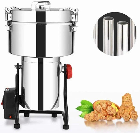 High Speed Electric Grain Mill Grinder Pulverizer For Kitchen Use, Vertical Design shown with metal body and turmeric roots