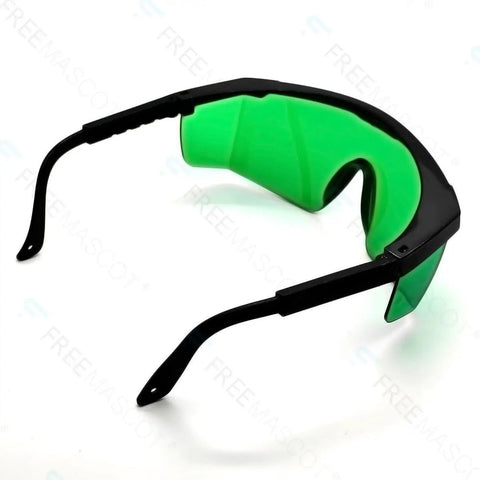 Heavy Duty Grow Room Safety Glasses Blocking UVA And UVB Light For Intense LED Fixtures showing black frame and green lens design.