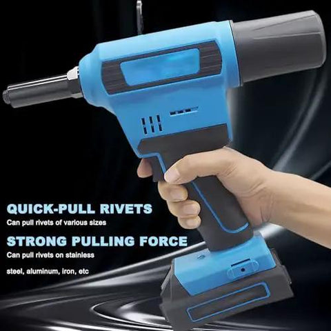 Straight Up Rock Solid Pro Cordless Brushless Riveting Gun Kit One Touch Quick Pull Automatic Rivet Nut Tool Battery Powered Workhorse For Metal Wood Projects, blue cordless riveter with ergonomic handle.