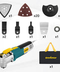 Hardworking 28 Piece Oscillating Multi Tool With 2.5 Amp Corded Design And Six Variable Speeds Gets The Work Done Fast For Easy Sawing Sanding Scraping And Grinding On Daily Home Repair Jobs Without Skipping A Beat Today, showcasing the tool and attachments.