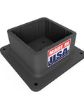 Heavy Duty 4x4 Post Base Bracket Anchor With Rust Free Plastic Deck Skirt And Flange Cover For Wood Posts And Handrail Braces Built Ridiculously Tough In Usa For Yard Work Projects, black square post base with made in USA label.