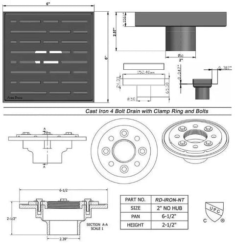 Top Shelf Six Inch Shower Drain Kit Featuring Slick Matte White Finish Heavy Duty Cast Iron Base And Rust Proof Stainless Steel Grate Tile Ready Hair Catcher Strainer No Fuss Upgrade with detailed schematic and dimensions.