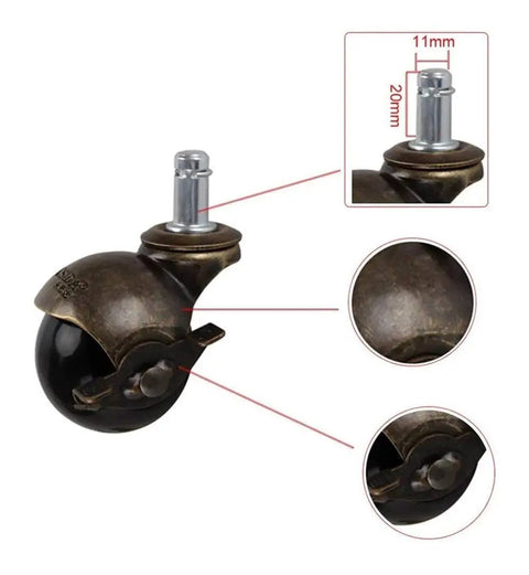Antique Brass Ball Caster Wheels For Furniture Replacement Parts Two Inch Swivel Castors With Shock Absorbing Bearings image showing an 11mm stem and 20mm height.