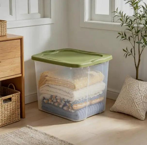 Rock Solid 95 Quart Clear Plastic Storage Bin With Easy Grip Handles For No Sweat Organization And Smooth Transport Legit Extra Large Bulk Storage Container stacked with blankets.