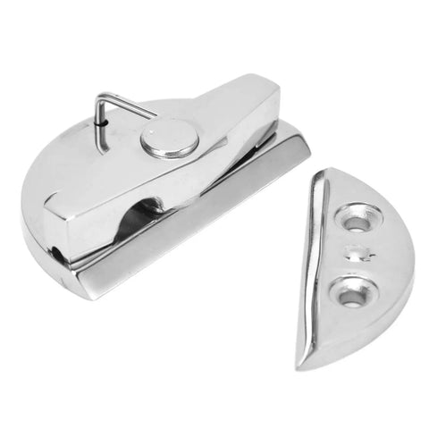 Heavy Duty Marine Boat Door Hinge Made From 316 Stainless Steel With Round Twist Catch Latch And Internal Stopper Badass Corrosion Resistant Cabinet Hardware Kit For Ships With Screws close-up view of latch and plate.