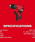 Subcompact Cordless Impact Drill Driver With Brushless Motor And 3 8 Inch Steel Chuck, 1.6 lbs, 350 in-lbs torque, specifications displayed.