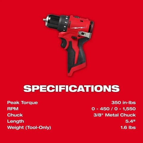 Subcompact Cordless Impact Drill Driver With Brushless Motor And 3 8 Inch Steel Chuck, 1.6 lbs, 350 in-lbs torque, specifications displayed.