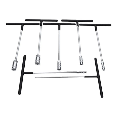 Heavy Duty T Handle Socket Wrench Set for Cars and Bikes, 7 Piece Metric Drive Kit showing chrome and black tools on white background.