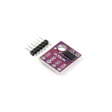 High Grade ToF Laser Range Finder Module With I2C Port For Arduino And Raspberry Pi Kits shown from a side angle with pins.