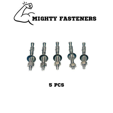 Wedge Anchors Heavy Duty 304 Stainless Steel Expansion Bolts For Concrete And Masonry Corrosion Resistant Durable Construction Three Eighths Inch By Three Inch Size Five Pack Ideal For Structural Mounts And Heavy Equipment Secure Anchoring, shown front view.