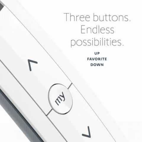 Close-up of 5 Channel RTS Remote Control for Blinds and Shades showing ergonomic buttons: up, favorite, down.