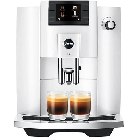 No Sweat Automatic Coffee Maker With Smart Touchscreen And Adjustable Steaming Settings Piano White Finish showing dual espresso shots.
