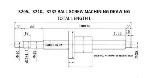Super Cool SFU3210 Ball Screw Kit 350mm With Single Nut For Smooth High Load Motion Control diagram, diameter 32mm