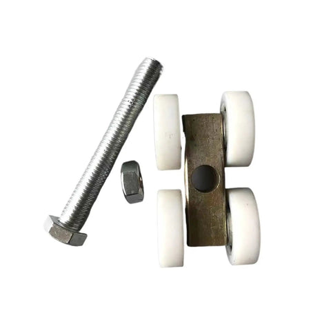 Heavy Duty Sliding Door Hanging Pulley System Built Like A Tank With Silent Gliding Nylon Rollers That Run Smooth As Butter On Warehouse Tracks And Fence Gates With One Meter Track Rail Included hardware components including nylon rollers and bolts.