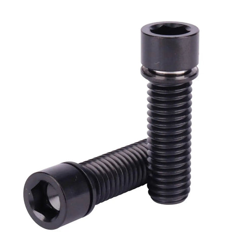 Badass Grade 5 Titanium M8 X 25mm Hex Bolts With Washers For Heavy Duty Bicycle Stem Replacement Hardware In Matte Black Finish close-up view.