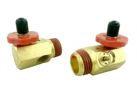 Rock Solid Brass Air Tank Manifold With Dead Reliable Safety Valve For Portable Air Compressors Includes Two Packs featuring two brass valves.