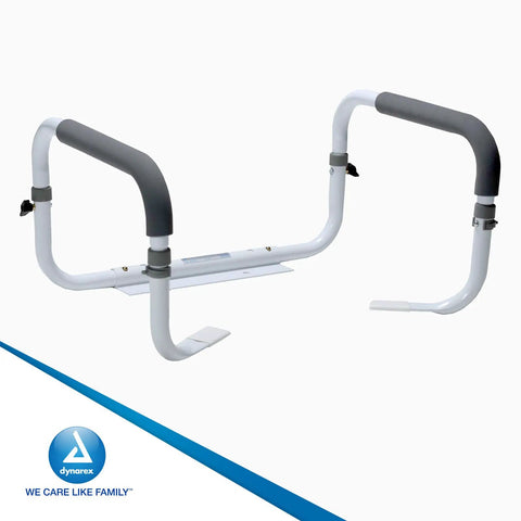 No Sweat Install With Quick Clips Padded Rails Offer Rock Solid Grip Adjustable Width Fits All Bowls Carries 300 Lbs Like A Champ White Bathroom Safety Bar with soft grips.
