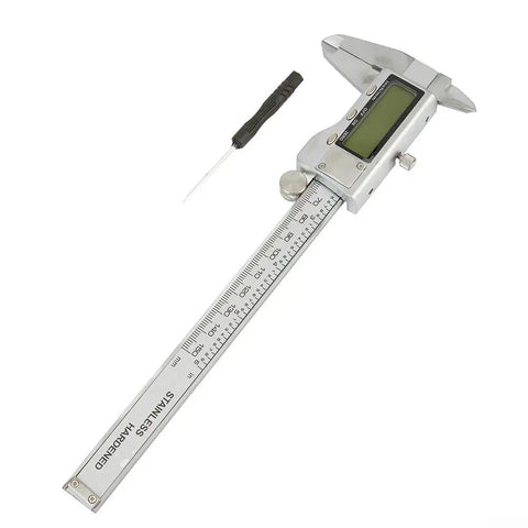 Digital Vernier Caliper 150mm Metric Inch Switch(without) displayed showing stainless steel body and LCD screen.