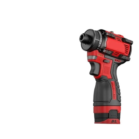 Knockout Brushless Cordless Electric Drill Powered By 16 Point 8 Volt Lithium Battery Smooth Riding Wireless Screwdriver Handling Heavy Loads With Ease Relentless Mini Power Driver Kit side view of red and black compact drill.