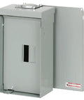 Raintight Outdoor Electrical Enclosure For 125 Amp Service 4 Poles 120 240 Volts AC Fits BR2100R Double Pole Full Size Breaker Two 1 Inch Spaces Insulated Bondable Movable Neutral Includes Closure Plate Built Tough Outdoor Ready, front view with cover open showing interior.