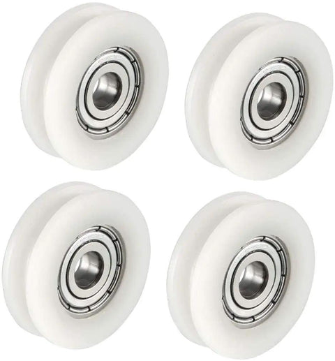 Top Tier 4 Pack V Groove Guide Bearing Pulleys Made Tough With Steel And Nylon Tracks 5mm Bore wheels on display.