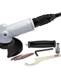 Heavy Duty 5 Inch Pneumatic Angle Grinder With 12000 RPM High Speed Rotation features side handle and various accessories.