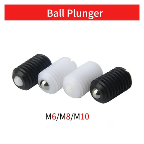 Three sizes of Black and White M6/M8/M10 ball plunger screws with textured surface for secure grip in daily craft projects.