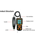 Handheld Vibration Meter With Vibrometer Analyzer, Dual Temperature Readout Celsius Or Fahrenheit, Piezoelectric Accelerometer Transducer, Converts Vibration Into Electrical Signal, Shows Speed, Acceleration, And Displacement For Pro Maintenance, with probe handle and display