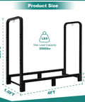 Diagram of Heavy Duty 4 Foot Firewood Rack For Indoor And Outdoor Use with size dimensions and 2500lbs capacity, black.