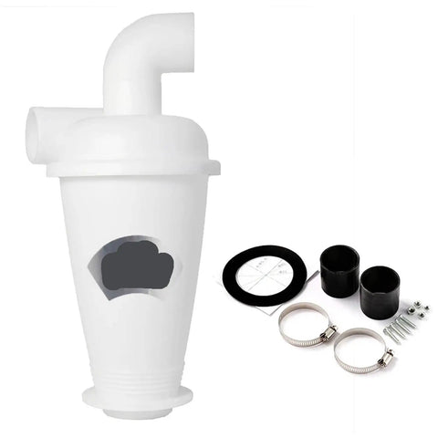 White industrial cyclone dust separator for vacuum cleaners with accessory parts, DIY turbocharged woodworking dust collector