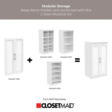 Versatile Modular Storage Shelf With Three Adjustable Shelves Stackable Closet Organizer Featuring Clean Trim Solid Backing Easy Peasy Setup display showing components of a two-door modular kit.