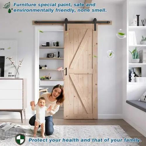 Rock Solid Double Barn Door System With Full Hardware Kit Hella Smooth Gliding Spruce Wood Room Divider For Bedroom Closet Easy Diy Setup Top Shelf Quality And Natural Fragrance in a bright living space with a mother and child.