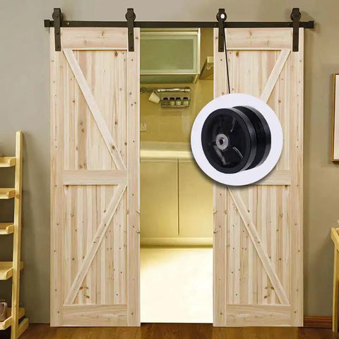 Tough As Nails Six Inch By Two Inch Cast Iron V Groove Caster Wheel featuring roller bearings on a sliding wood door.