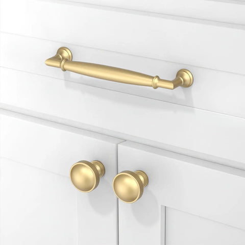 Straight Fire Brushed Gold Cabinet Pulls 10 Pack Set 5 Inch Center To Center Kitchen Drawer Handles on white cabinets.