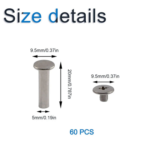 Top Shelf Nickel Plated Chicago Binding Screw Set Of 60 Double Cap Standoff Bolts 5 mm X 20 mm Phillips Round Head fastener size details