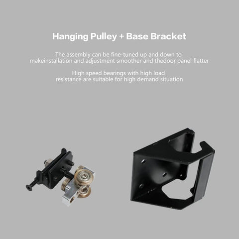 Kickass Motorized Sliding Barn Door Hardware Kit Featuring Super Smooth Glide Control Remotes And Touch Panels For Up To Fifty Nine Inch Doors Zero Floor Track Required Rapid Install, hanging pulley and base bracket detail.