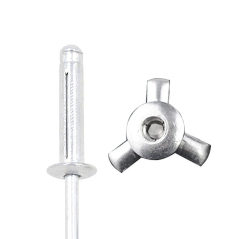 Close-up of Mandrel Pop Rivets Kit With 4 By 5 Eighths Inch Assorted Sizes, metal rivet head and side view, heavy duty and rust resistant.