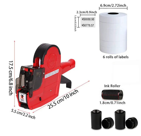 Two Line Price Tag Gun With A To Z Letters, 20 Digits Per Line, 3 Inkers, 5 Rolls And 2800 White Labels, Dope Tag Maker For Office And Retail Stores Today, with dimensions and accessories shown