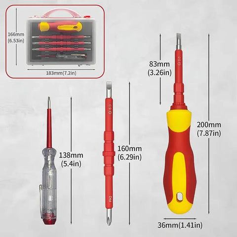 Heavy Duty 1000V Insulated Electrician Tool Set with 5 screwdrivers, sizes displayed, including magnetic S2 steel bits.