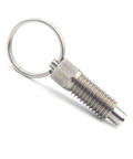 Stainless Steel Index Plunger Pull Lock Lever And Threaded Screw Kit For Equipment Cabinets Knockout Quality Galvanized Heavy Duty Snap Action Mounting Hardware Plug And Play Setup Five Piece Pack close-up view of plunger with keyring.