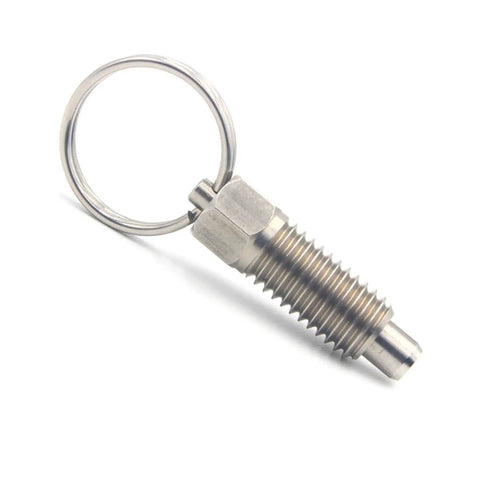 Stainless Steel Index Plunger Pull Lock Lever And Threaded Screw Kit For Equipment Cabinets Knockout Quality Galvanized Heavy Duty Snap Action Mounting Hardware Plug And Play Setup Five Piece Pack close-up view of plunger with keyring.