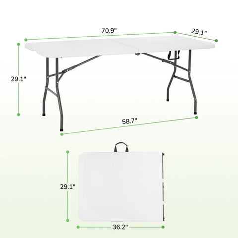 Beast Mode Ready 6Ft Folding Table Portable Plastic Table With Carry Handle Waterproof Foldable Design Steel Frame Lock White For Events Camping Indoor Outdoor Use open and folded display