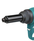 Close-up of Badass 18V Lithium Ion Brushless Cordless Rivet Tool With Tough As Nails 20 KN Pulling Force for aluminum and steel.