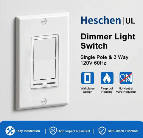 Single Pole Or 3 Way Dimmer Light Switch 1 Pack Heavy Duty Quick Install For Home Fixtures Smoothly Adjusts Dimmable Led Cfl Bulbs Up To Six Hundred Watts Zero Buzz mounted on wall.