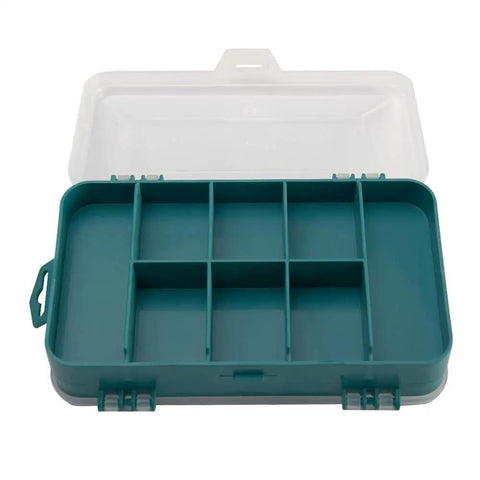 Double-Side Hardware Box Storage Organizer With 13 Compartments, open with transparent lid, rugged green plastic case